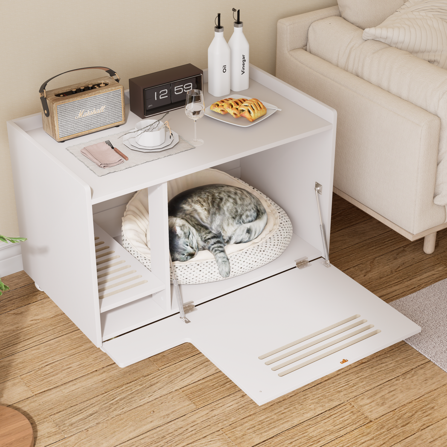 White Cat Litter Box Enclosure,Hidden Litter Box Furniture with top side fence,Wooden Pet House Side End Table, Storage Cabinet Bench for Living Room,,Bedroom, Fit Most of Litter Box