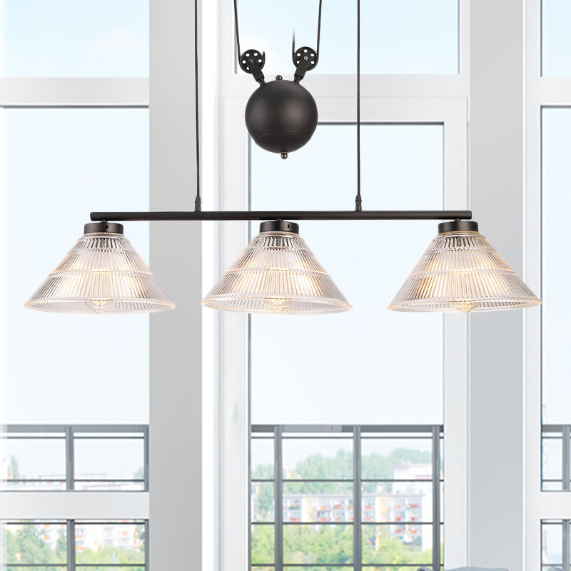 Adjustable Pulley Industrial Cone Pendant with Prismatic Glass - Black, 2/3-Light Island Lamp