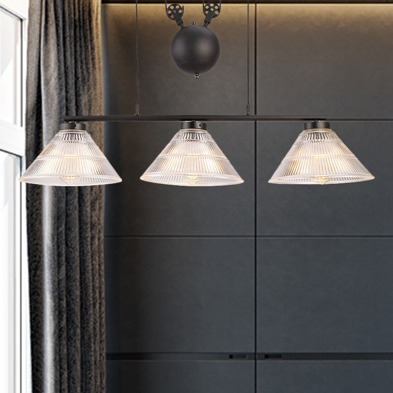 Adjustable Pulley Industrial Cone Pendant with Prismatic Glass - Black, 2/3-Light Island Lamp