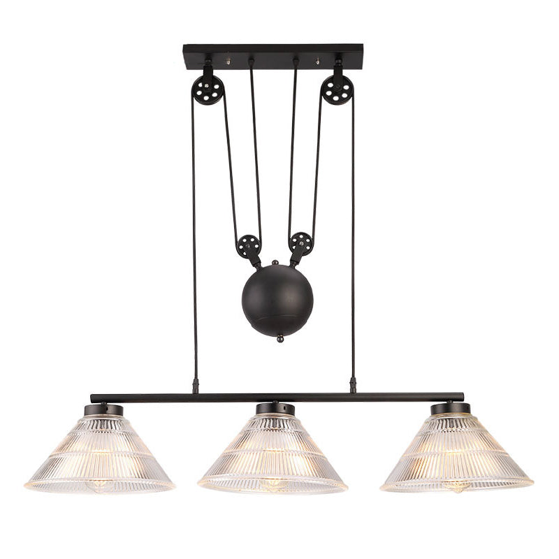 Adjustable Pulley Industrial Cone Pendant with Prismatic Glass - Black, 2/3-Light Island Lamp
