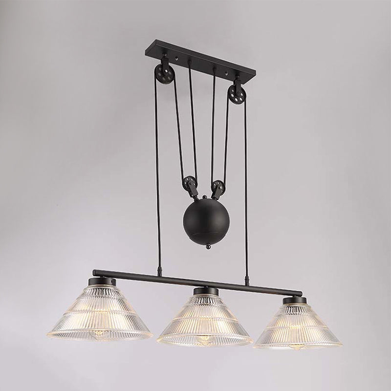 Adjustable Pulley Industrial Cone Pendant with Prismatic Glass - Black, 2/3-Light Island Lamp