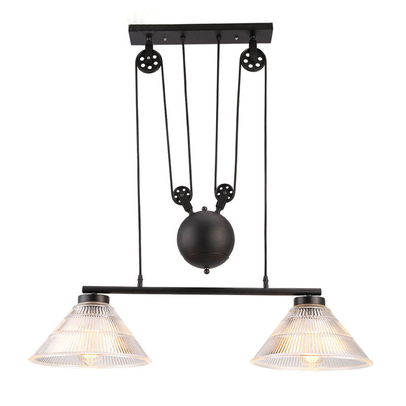 Adjustable Pulley Industrial Cone Pendant with Prismatic Glass - Black, 2/3-Light Island Lamp