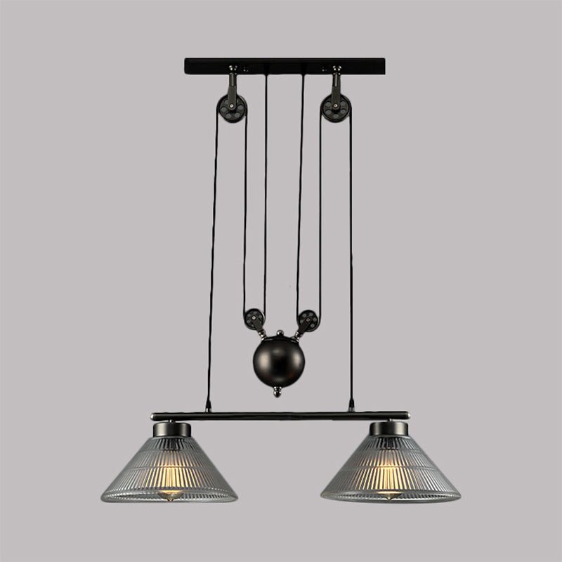 Adjustable Pulley Industrial Cone Pendant with Prismatic Glass - Black, 2/3-Light Island Lamp