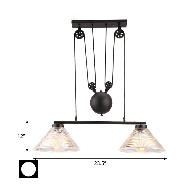 Adjustable Pulley Industrial Cone Pendant with Prismatic Glass - Black, 2/3-Light Island Lamp