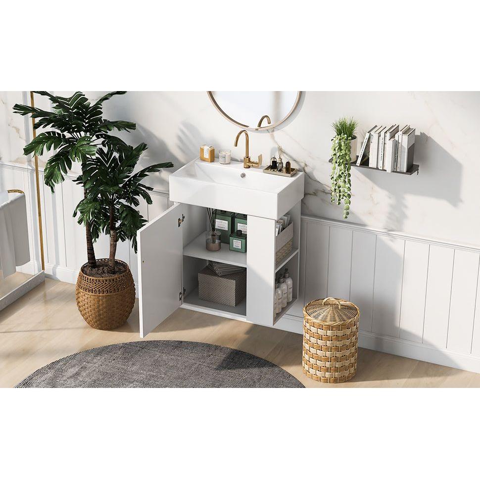 21.6inch Modern Floating Bathroom Vanity with Ceramic Basin - Perfect for Small Bathrooms, Right side storage