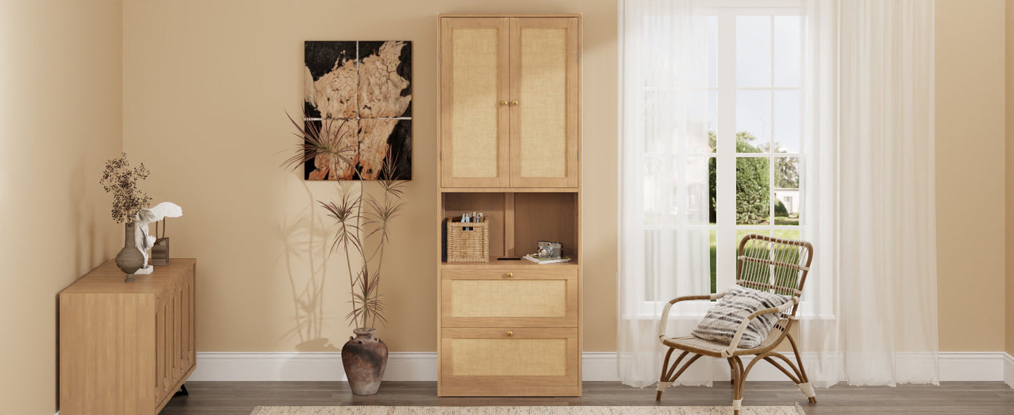 2 Doors Bookshelf with USB Port and 3 Drawers Side Cabinet Storage Shelves, Natural