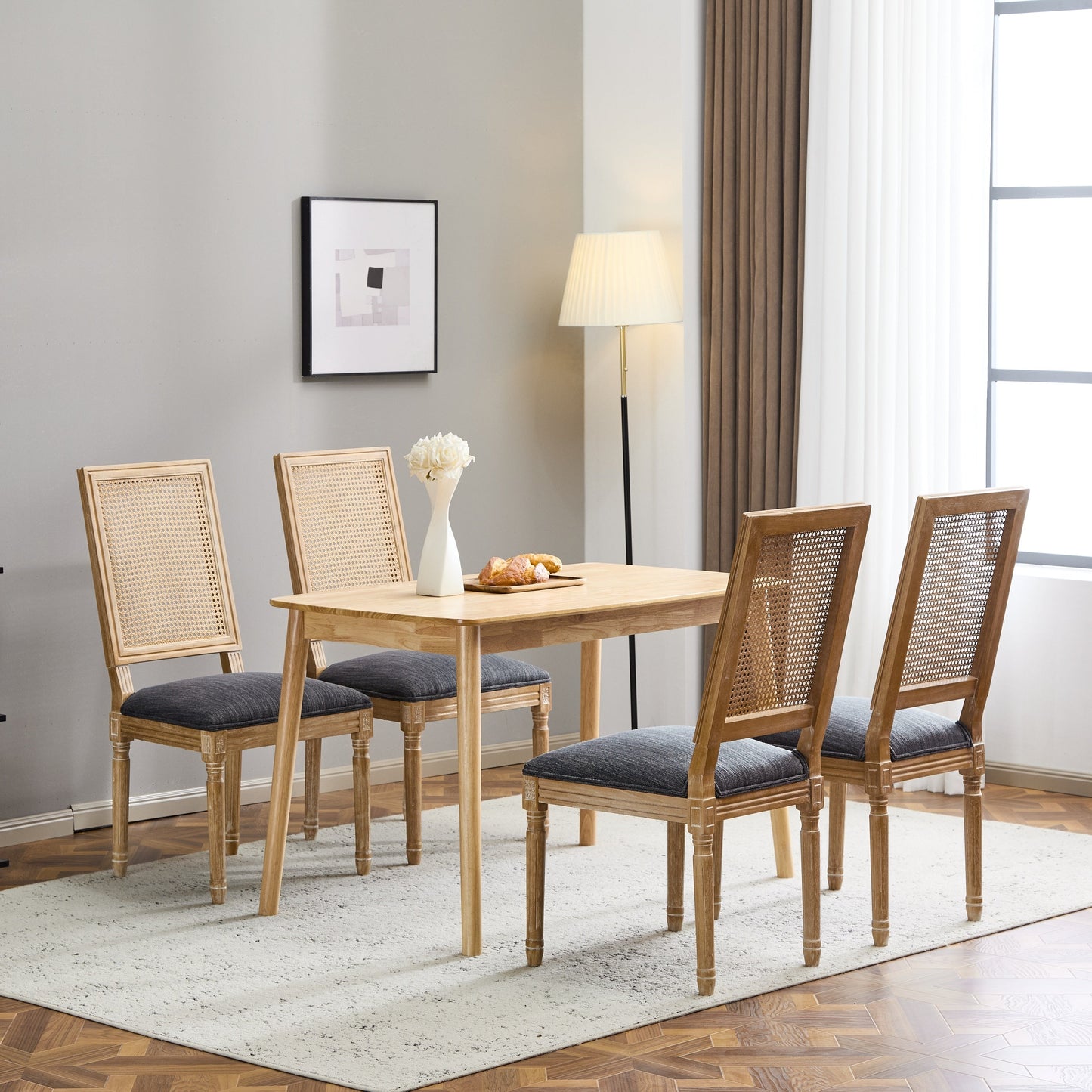 Vintage Inspired French Country Dining Chairs Set of 4 - Elegant Cane Backrest & Upholstered Seats - Rustic Weathered Finish - Solid Rubberwood Frame - Blue Gray