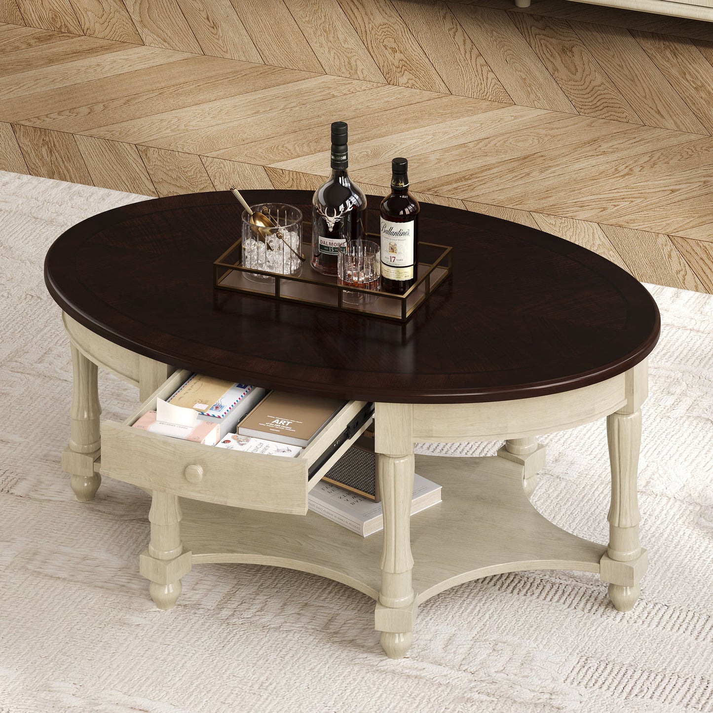 Vintage Oval Coffee Table with Drawer and Storage Shelf, Antique Cocktail Table in 45', French Country Accent Table for Living Room,Beige and Espresso