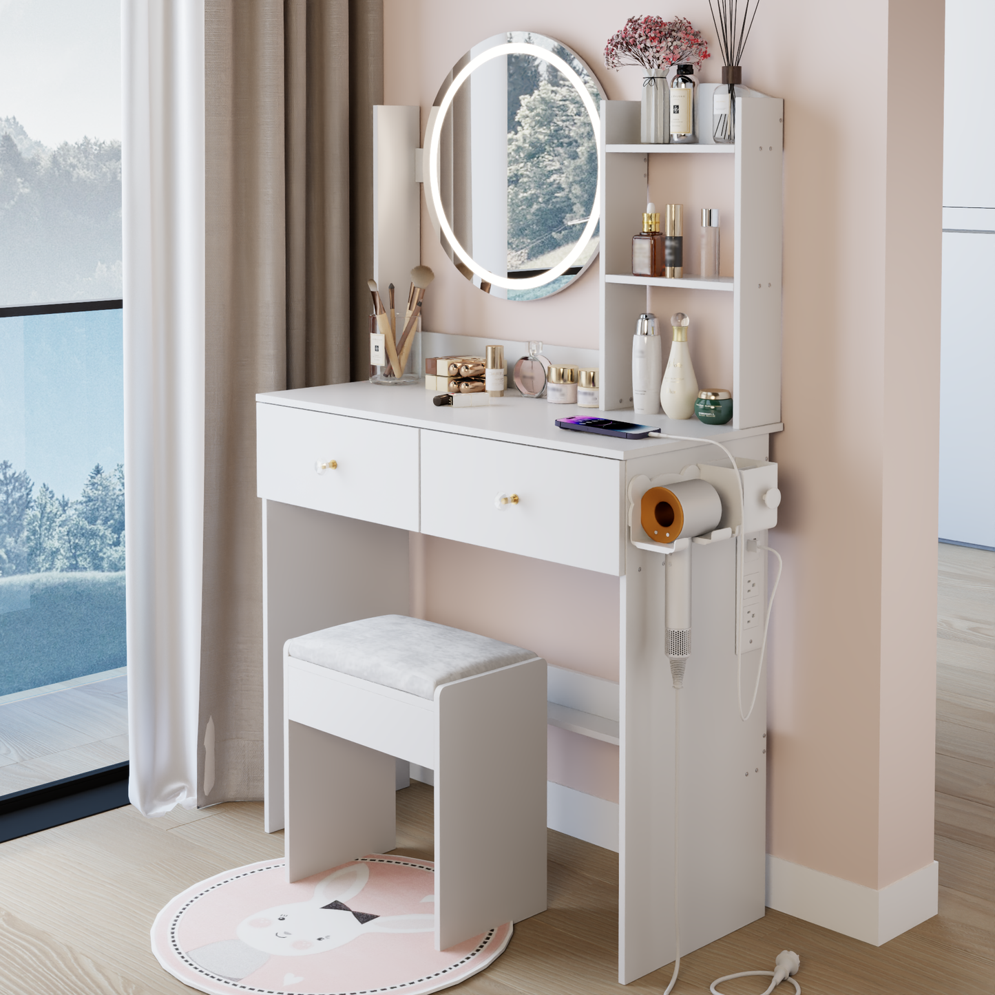 17' Round LED Mirror Vanity Table+Cushioned Stool, Equipped With 2 AC+2 USB Power Socket, Big Mirror, Touch Switch, 3 Colors, Adjustable Brightness, Large Desktop, Multi-layer High Capacity Storage
