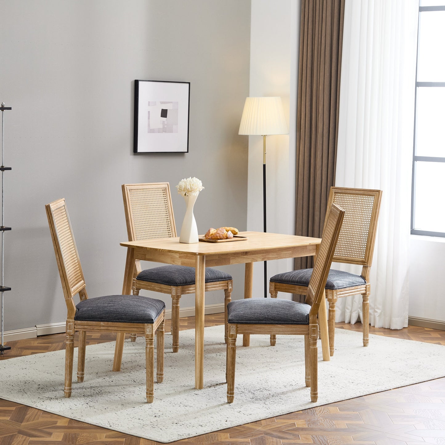 Vintage Inspired French Country Dining Chairs Set of 4 - Elegant Cane Backrest & Upholstered Seats - Rustic Weathered Finish - Solid Rubberwood Frame - Blue Gray