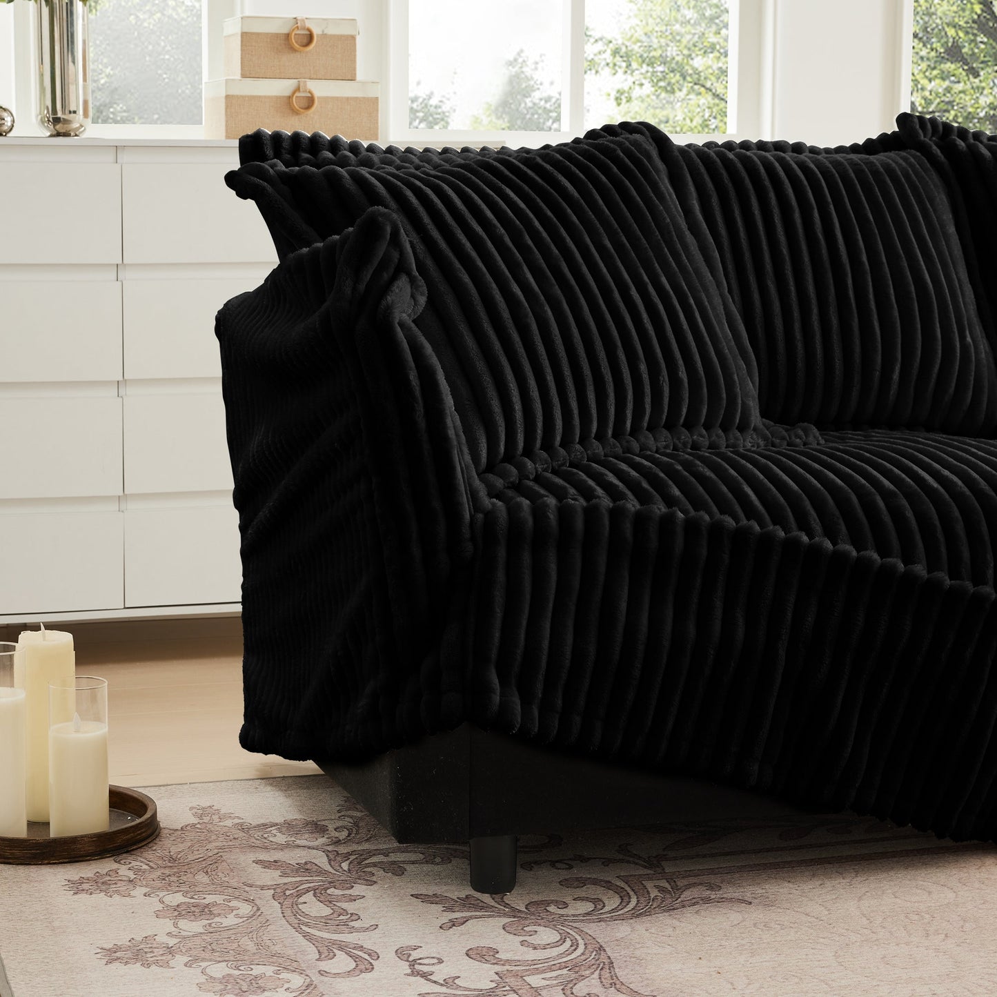 Upholstered Slipcovered Armchair with Ottoman, Deep Seat Armchair W/ Wide Ottoman for Living Room, Armchair Sets with Large Soft Pillows(Set of 2), Black Corduroy Fabric
