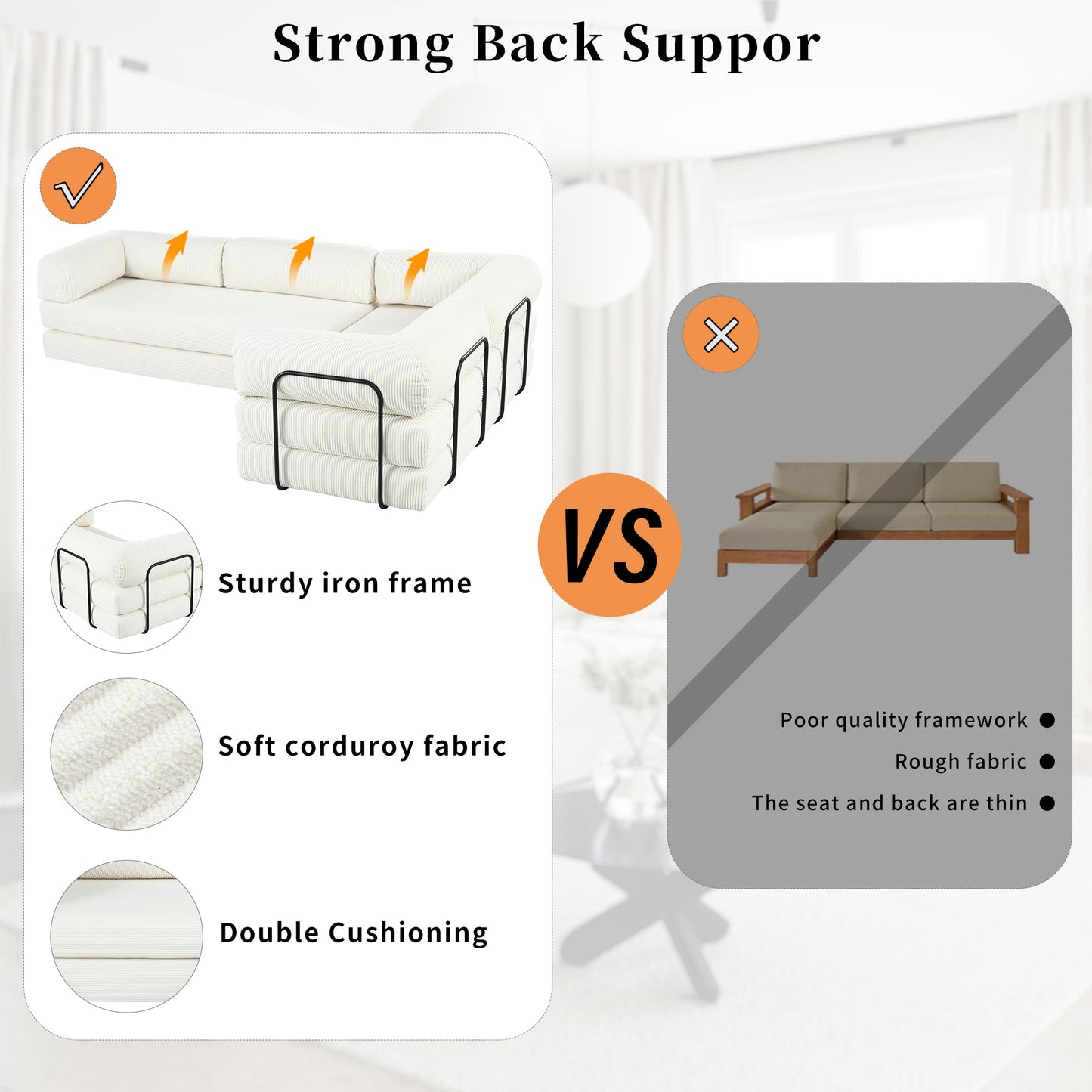 U_Style L-Shaped Modular Sofa Bed in Corduroy Fabric, Ideal for Living Rooms and Apartments