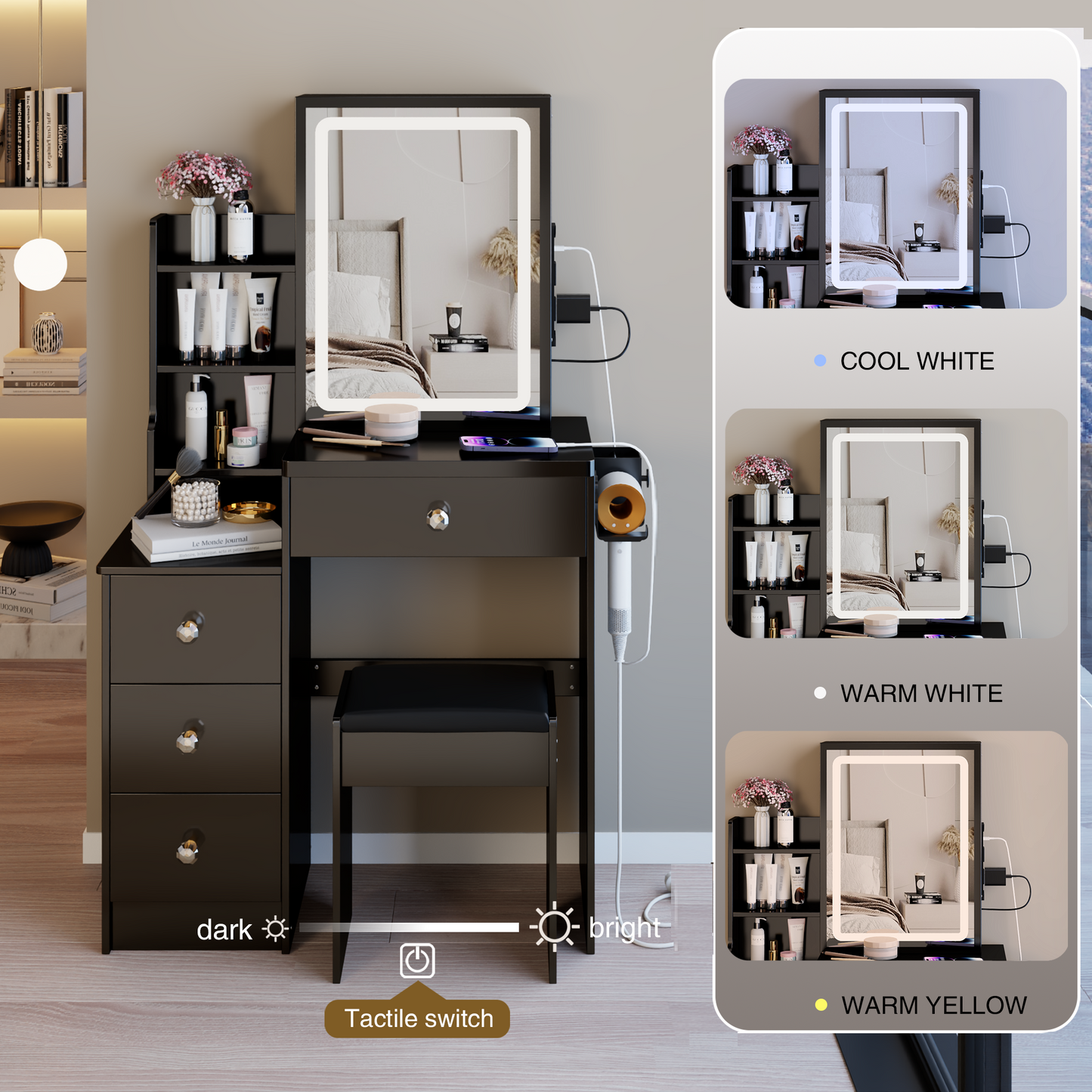 29.2' Small Size Left Bedside Cabinet Vanity Table + Cushioned Stool, 2 AC+2 USB Power Station, Hair dryer bracket, Extra Large Touch Control Sliding LED Mirror, Tri-color Switching, Brightness Adjust