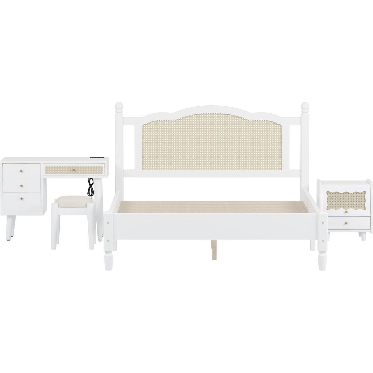 3 Pieces Bedroom Set with Queen Size Wooden Bed Frame, 1 Vintage Nightstand and 1 Makeup Vanity Set with Stool,White