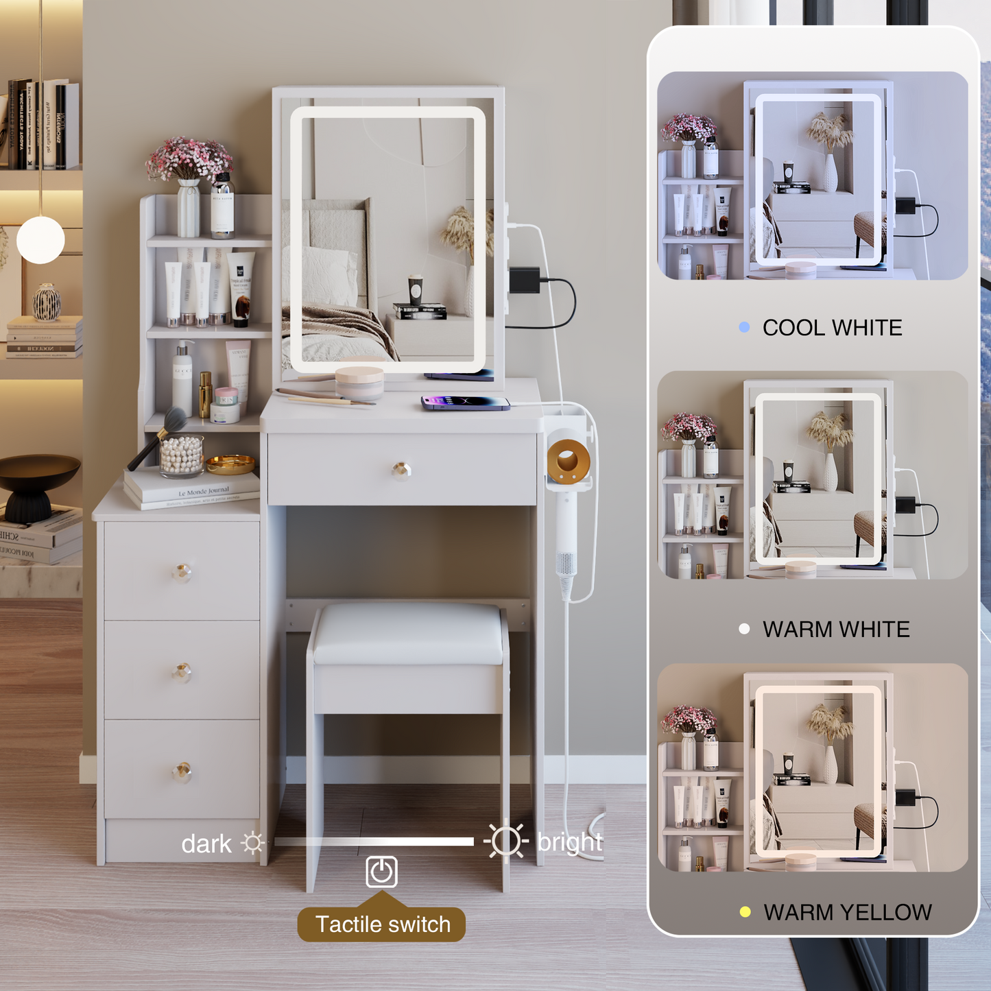 29.2' Small Size Left Bedside Cabinet Vanity Table + Cushioned Stool, 2 AC+2 USB Power Station, Hair dryer bracket, Extra Large Touch Control Sliding LED Mirror, Tri-color Switching, Brightness Adjust