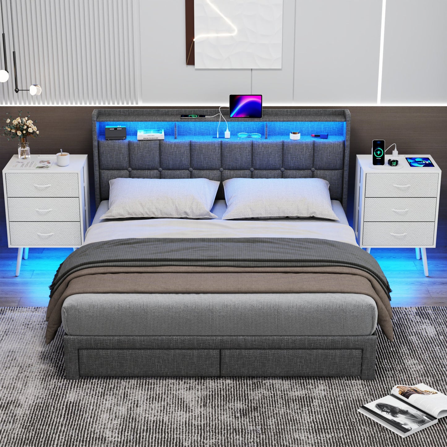 2 Pack Modern Nightstand with Charging Station, Bedside Tables with LED Light and Fabric Drawers