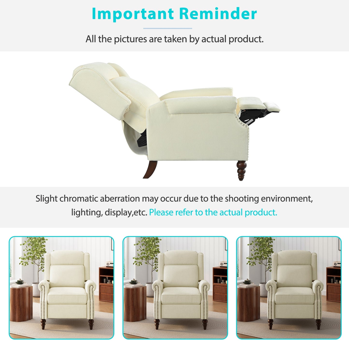 Upholstered Push Back Recliner Chair with Classic Wing Back, Beige Chenille, 29.75'