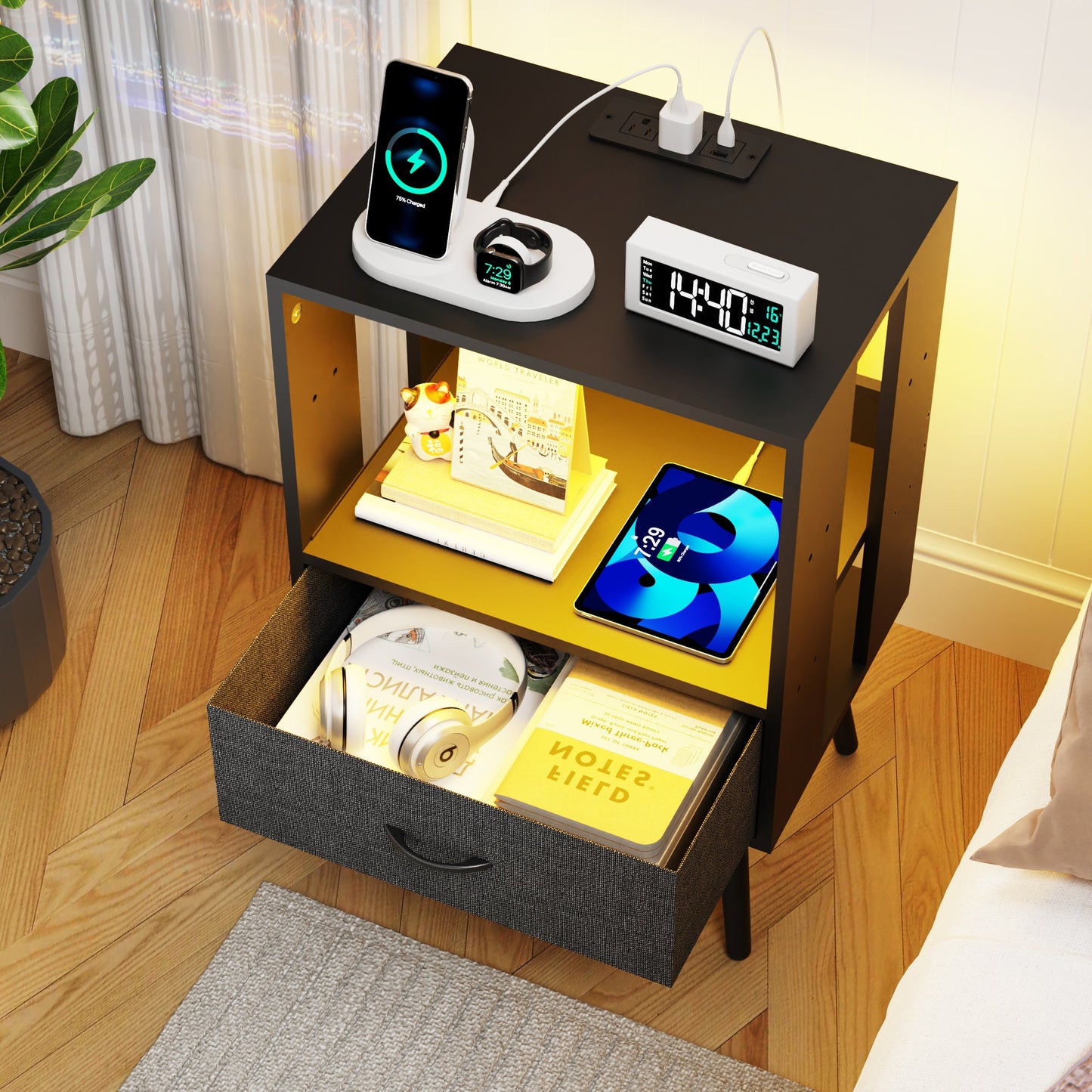 2 Pack Modern Nightstand with Charging Station, Bedside Tables with LED Light and Fabric Drawers
