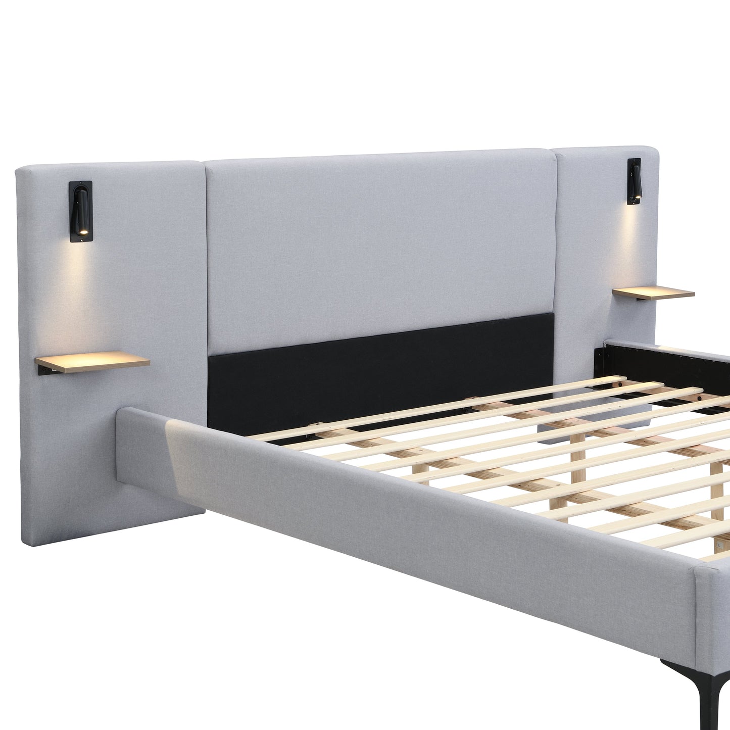 Chic Linen Upholstered Bed with Integrated Lights and Shelves, Grey, King
