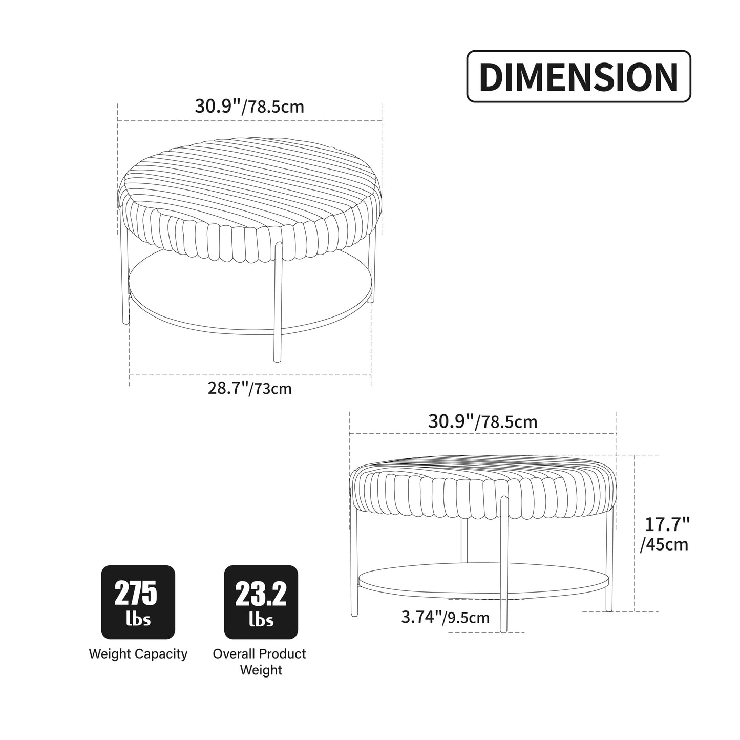 Upholstered Round Ottoman Coffee Table Foot Rest with Black Metal Legs, Brown Faux Fur, 30.9'