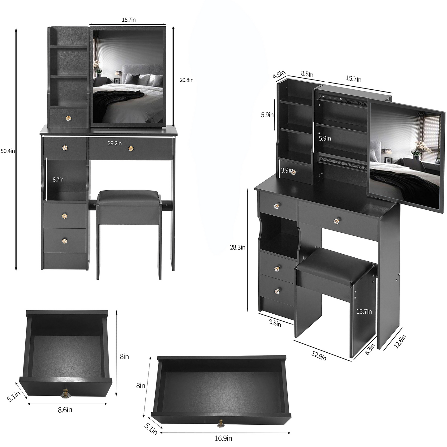 29.2' Small Size Left Drawer Desktop Vanity Table + Cushioned Stool, Extra Large Right sliding mirror, Multi Layer High Capacity Storage, Practical Fashionable Dresser, Suitable For Small Space