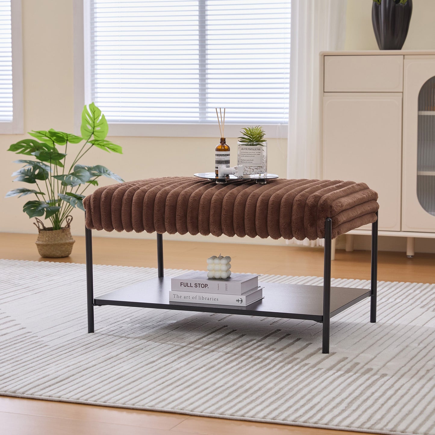 Upholstered Ottoman Coffee Table Foot Rest with Black Metal Legs and Wooden Storage, Faux Fur, Brown