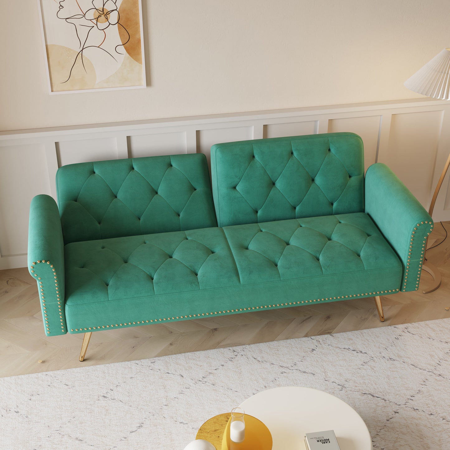 Velvet Sofa Bed with Nail Head Trim and Throw Pillow in Green, 69.7 Inches, Sponge Filling, Gold Metal Legs