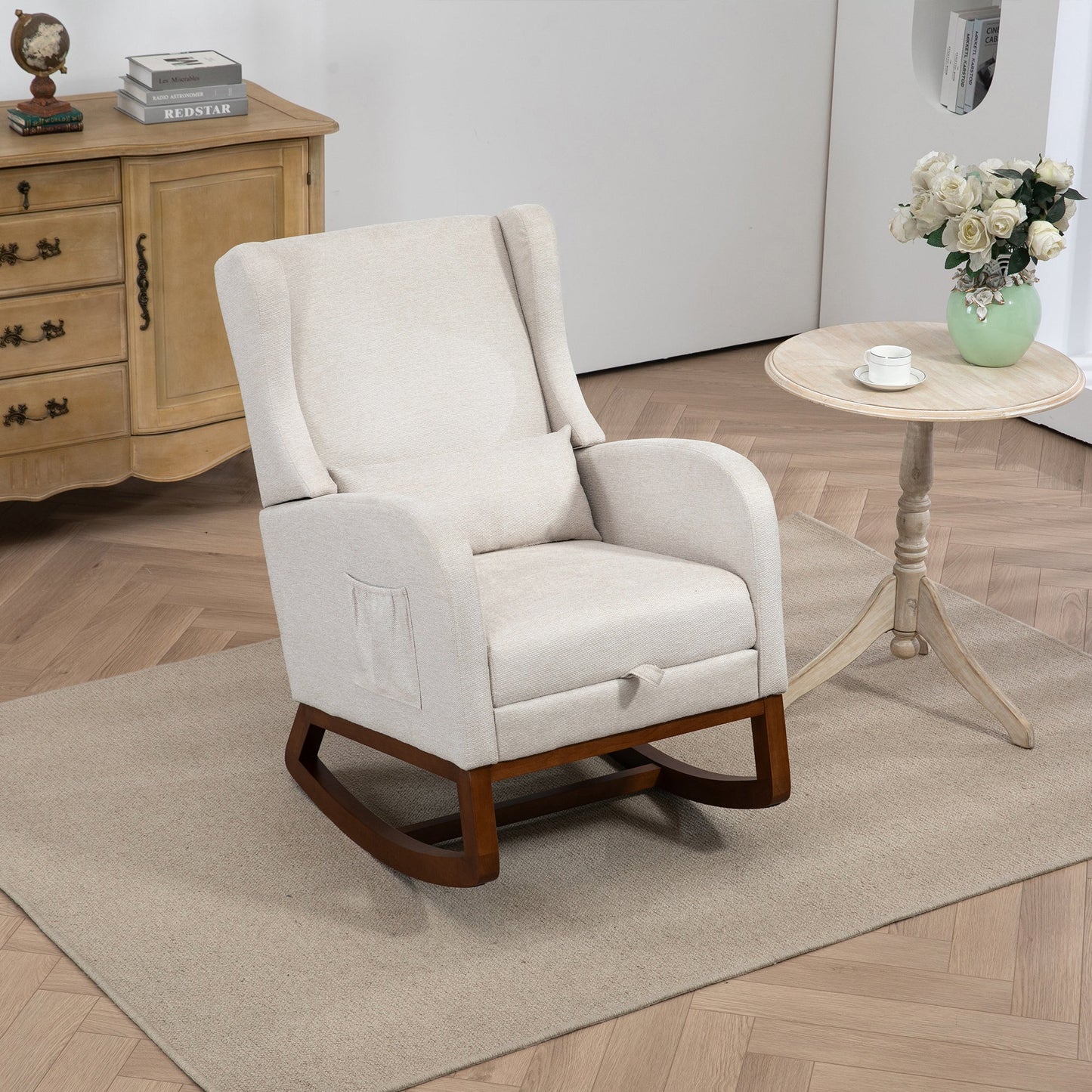 25.4'W Modern Rocking Chair for Nursery, Mid Century Accent Arm Rocker With Retractable Footrest, Side Pocket, Comfy Upholstered Wingback Wooden Glider Chair for Living Room Baby Kids Room. Beige