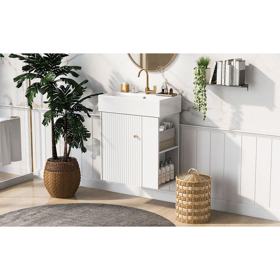 21.6inch Modern Floating Bathroom Vanity with Ceramic Basin - Perfect for Small Bathrooms, Right side storage