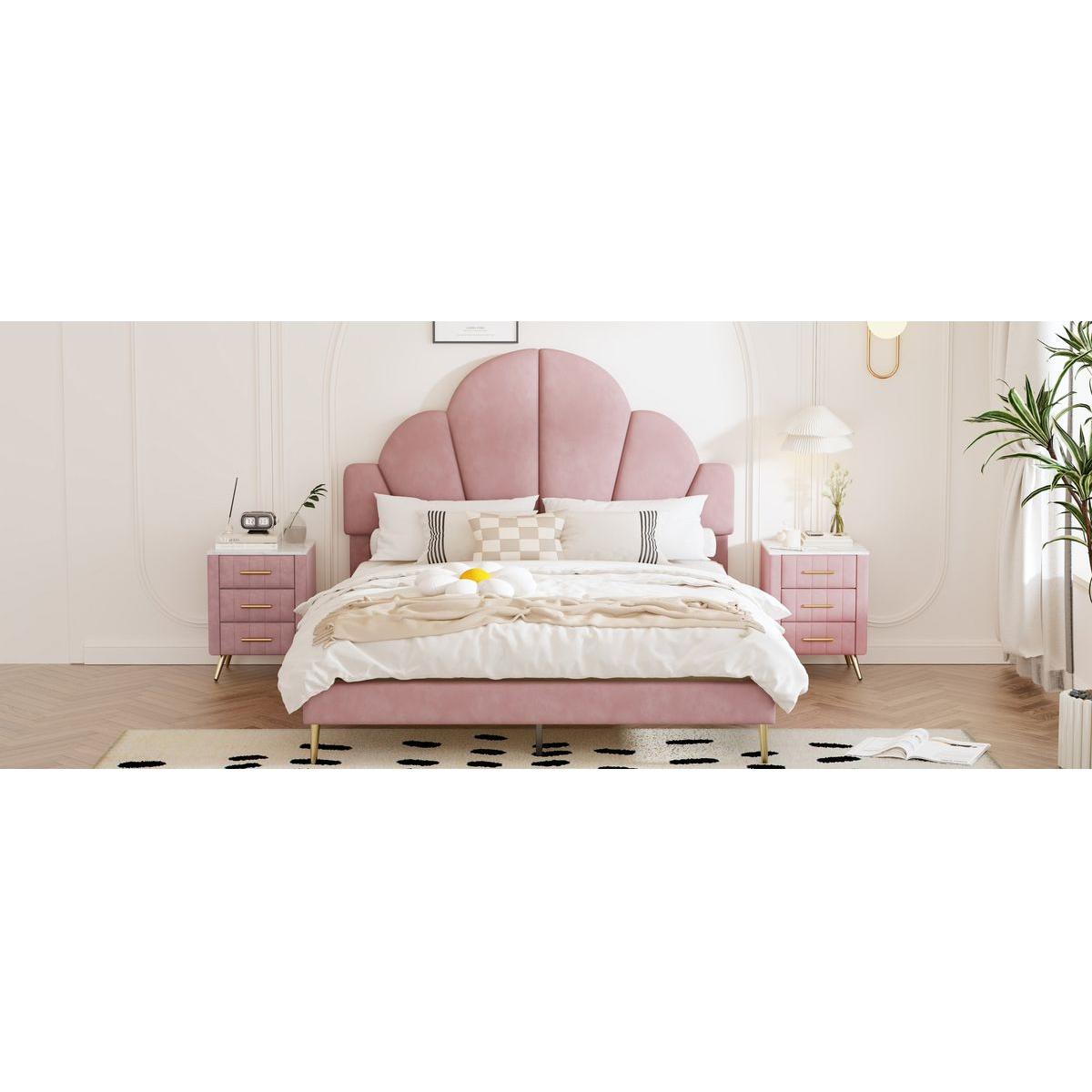 3 Pieces Bedroom Sets, Queen Size Modern Velvet Upholstered Bed Frame with Petal Shape Headboard, 3 Drawers Nightstands, Pink