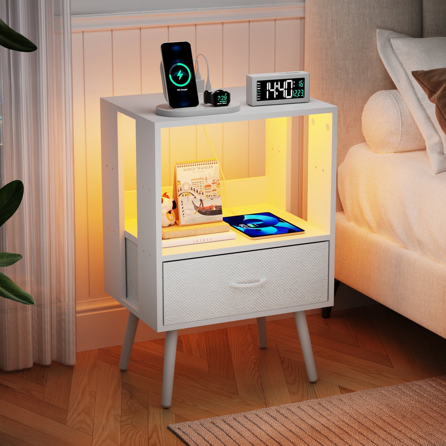 2 Pack Modern Nightstand with Charging Station, Bedside Tables with LED Light and Fabric Drawers