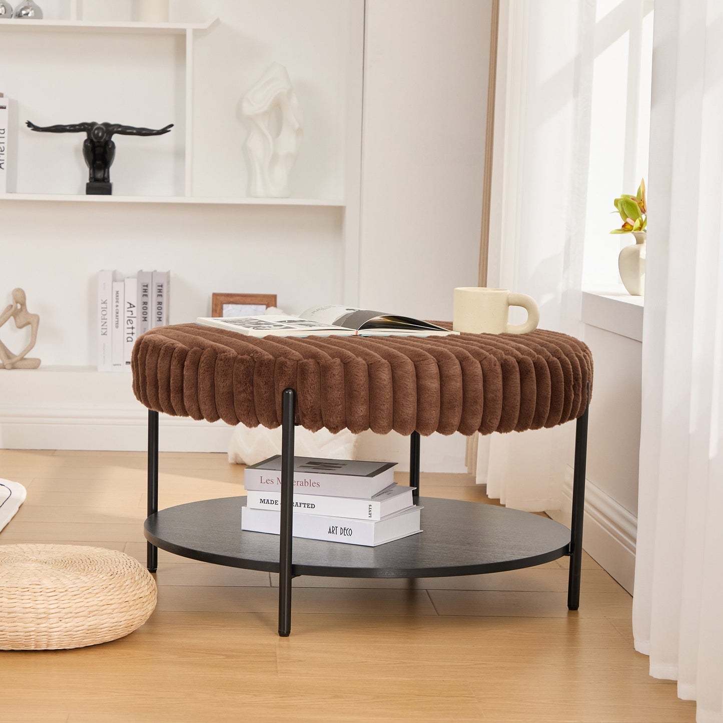 Upholstered Round Ottoman Coffee Table Foot Rest with Black Metal Legs, Brown Faux Fur, 30.9'