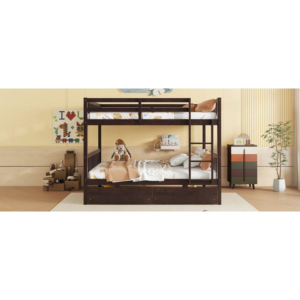full Over full Rubber Wood Bunk Bed with 2 Drawers, Convertible into 2 full Beds, full Size Bunk Bed with Ladder and Safety Guardrails ,Espresso