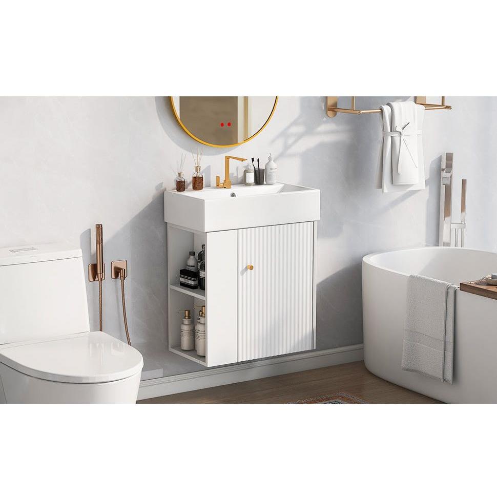 21.6inch Modern Floating Bathroom Vanity with Ceramic Basin - Perfect for Small Bathrooms, Left side storage