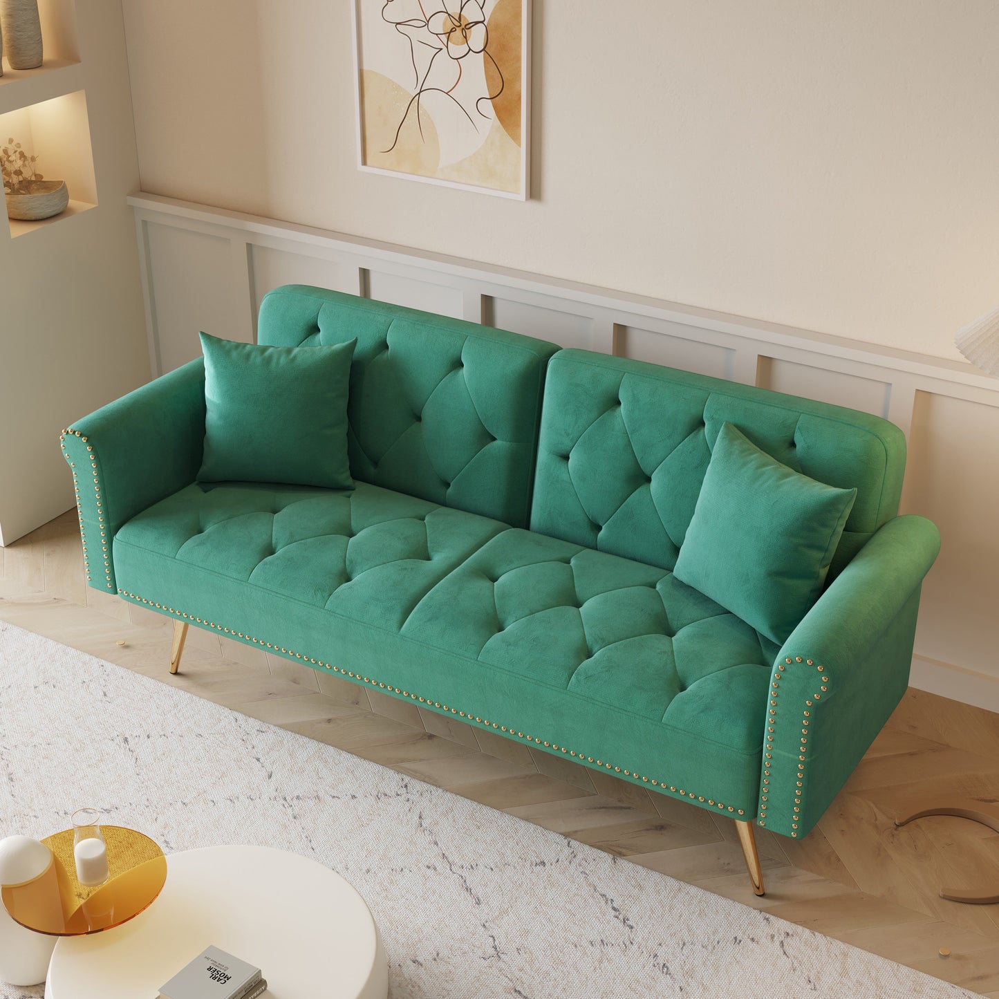 Velvet Sofa Bed with Nail Head Trim and Throw Pillow in Green, 69.7 Inches, Sponge Filling, Gold Metal Legs