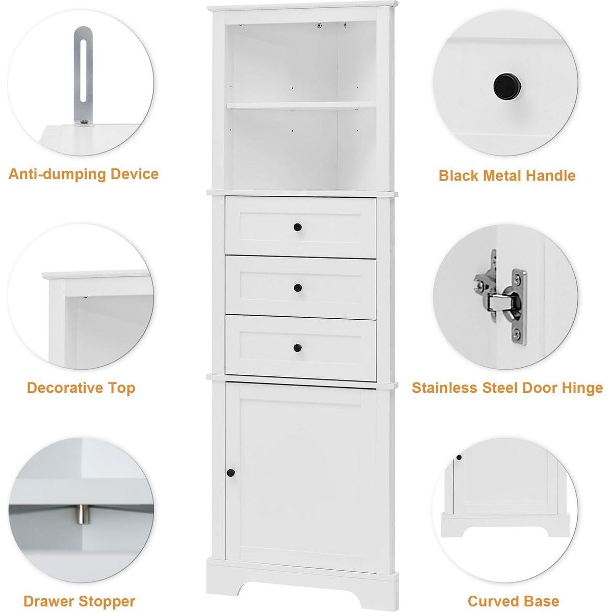 White Triangle Tall Cabinet with 3 Drawers and Adjustable Shelves for Bathroom, Kitchen or Living Room, MDF Board with Painted Finish