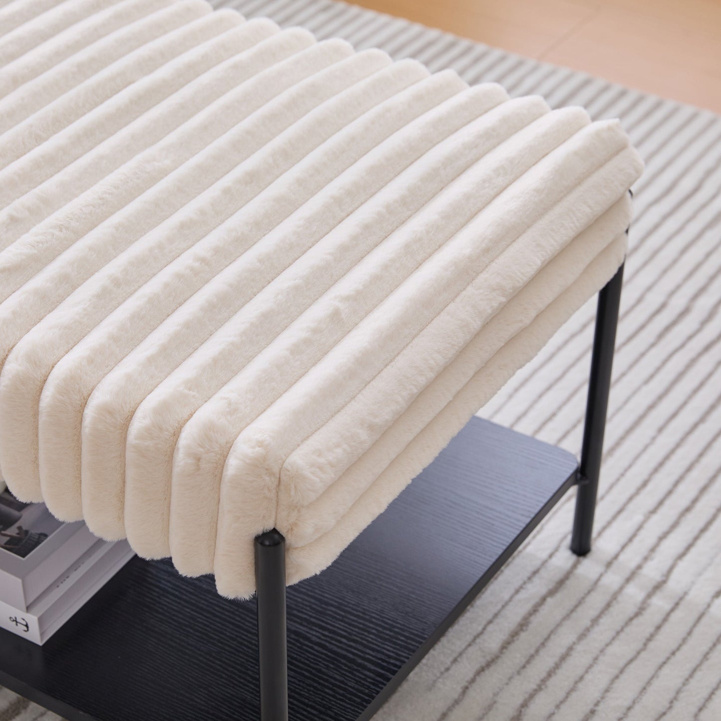 Upholstered Ottoman Coffee Table Foot Rest with Black Metal Legs and Open Storage, Faux Fur, Beige, 30.7' Wide
