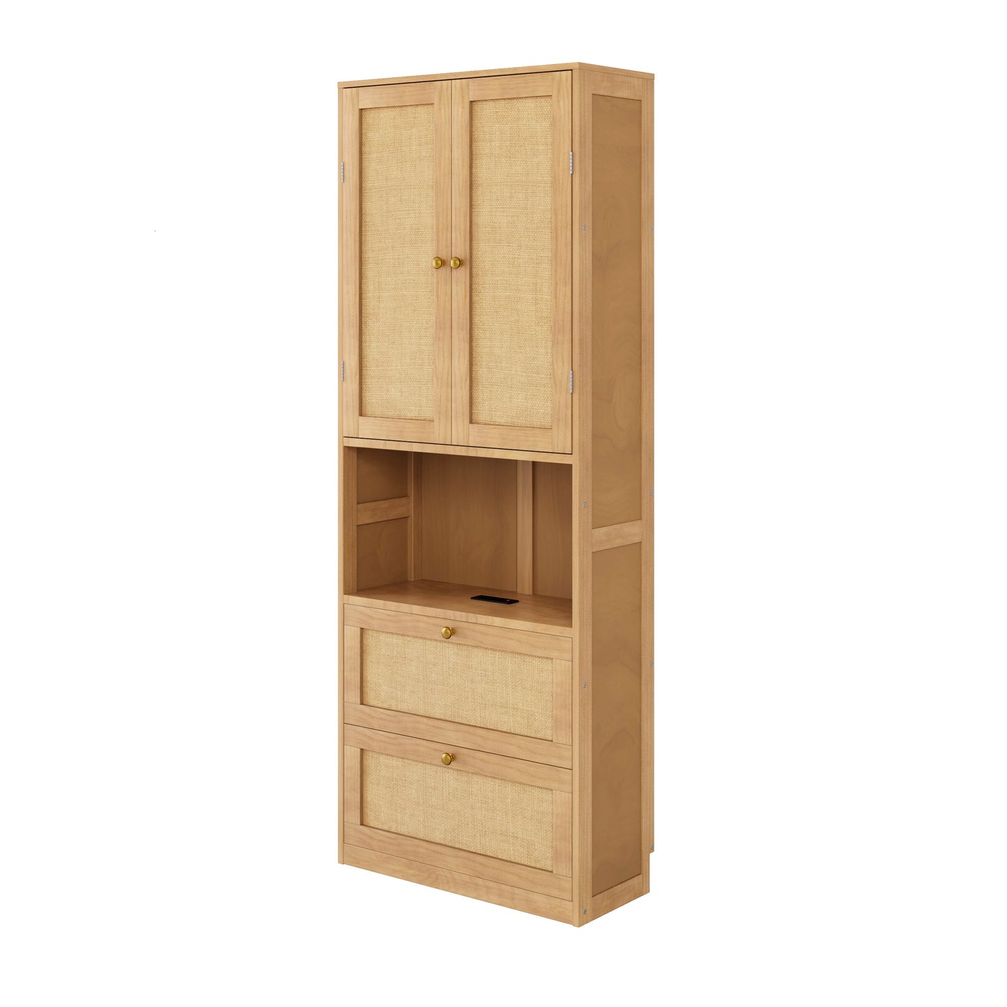 2 Doors Bookshelf with USB Port and 3 Drawers Side Cabinet Storage Shelves, Natural
