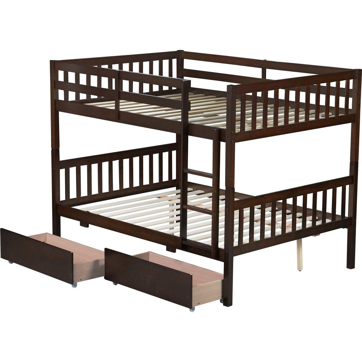 full Over full Rubber Wood Bunk Bed with 2 Drawers, Convertible into 2 full Beds, full Size Bunk Bed with Ladder and Safety Guardrails ,Espresso