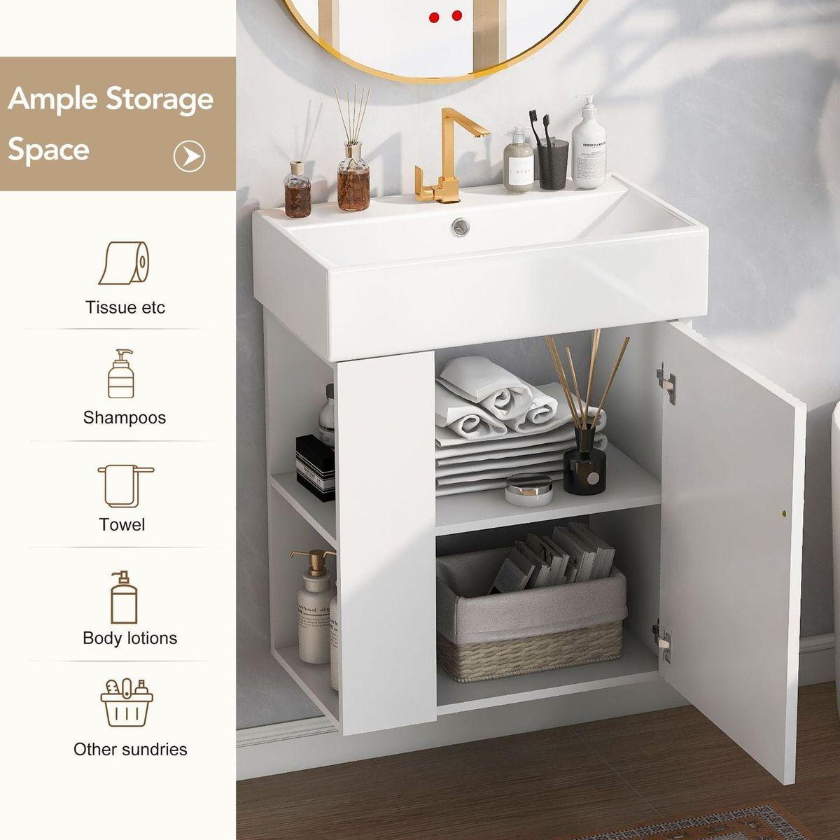 21.6inch Modern Floating Bathroom Vanity with Ceramic Basin - Perfect for Small Bathrooms, Left side storage