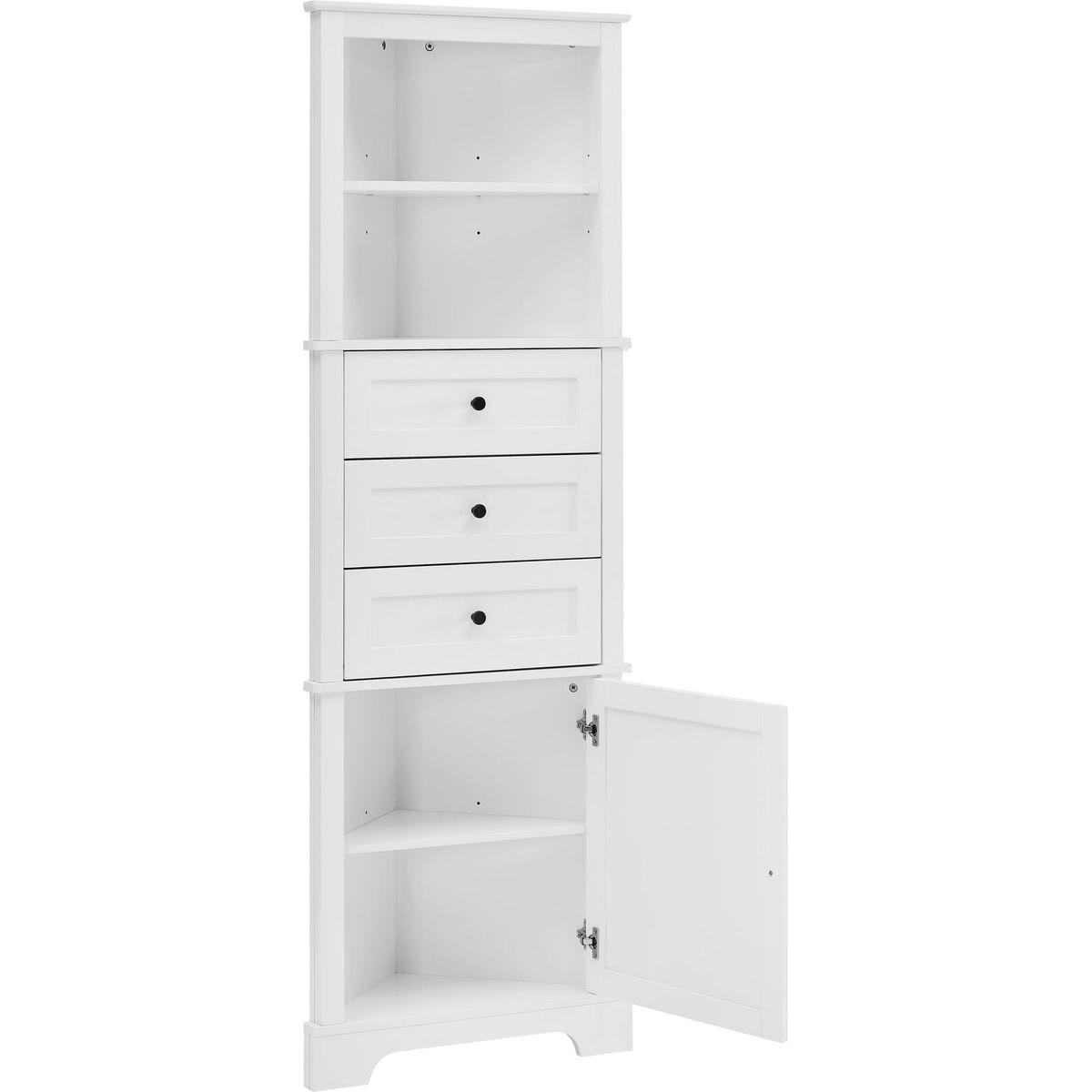 White Triangle Tall Cabinet with 3 Drawers and Adjustable Shelves for Bathroom, Kitchen or Living Room, MDF Board with Painted Finish