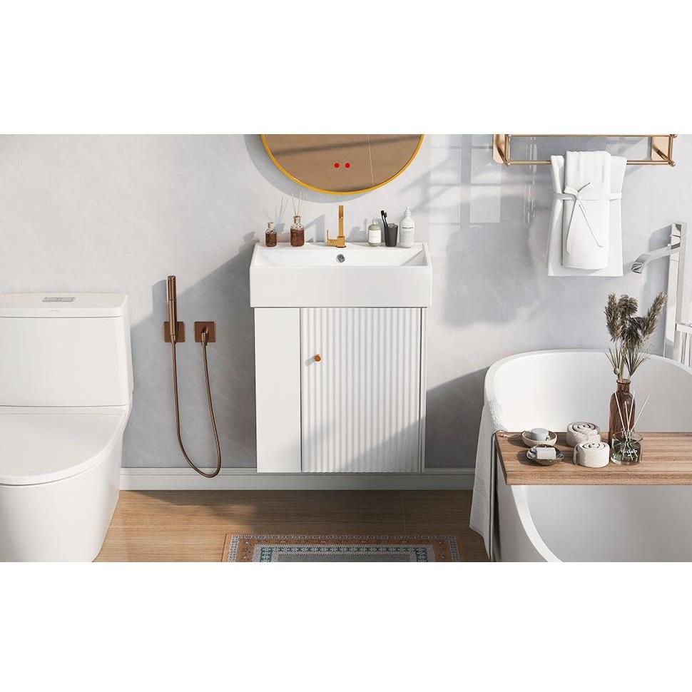 21.6inch Modern Floating Bathroom Vanity with Ceramic Basin - Perfect for Small Bathrooms, Left side storage
