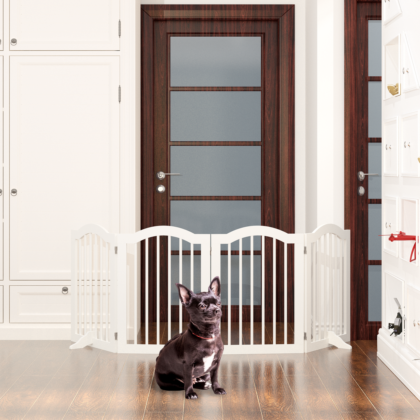 27.6' Height Tall Freestanding Pet Gate, 4 Panels Foldable Dog Gate, Solid Wood Folding Safety Fence Wooden Dog Gate with 2 pcs Support Feet Ideal for Stairs, Doorways, Halls, Kitchens, Heavy Duty Gat