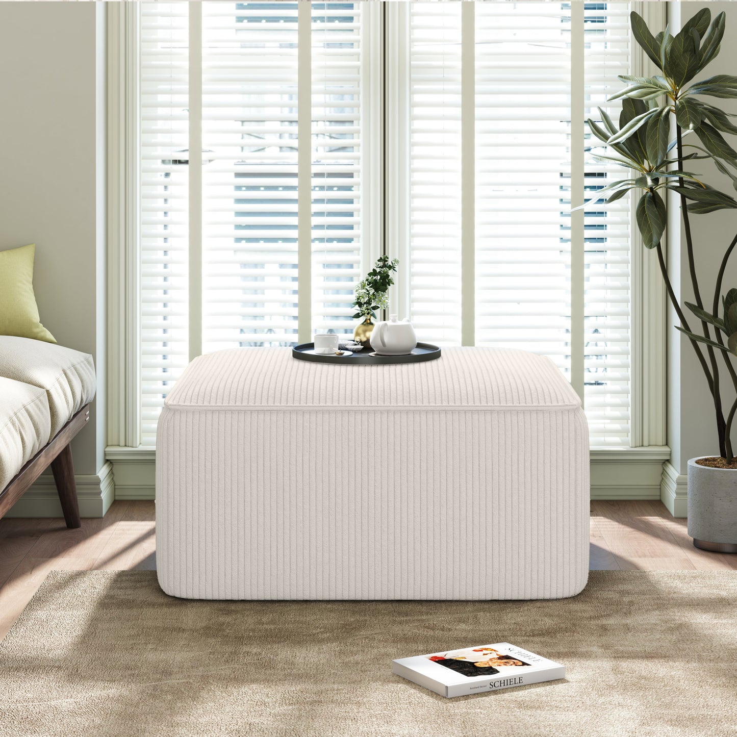 Upholstered Square Ottoman,Beige,Corduroy