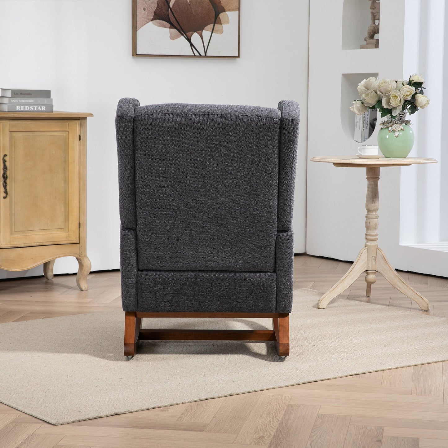 25.4'W Modern Rocking Chair for Nursery, Mid Century Accent Arm Rocker With Retractable Footrest, Side Pocket, Comfy Upholstered Wingback Wooden Glider Chair for Living Room Baby Kids Room. Charcoal