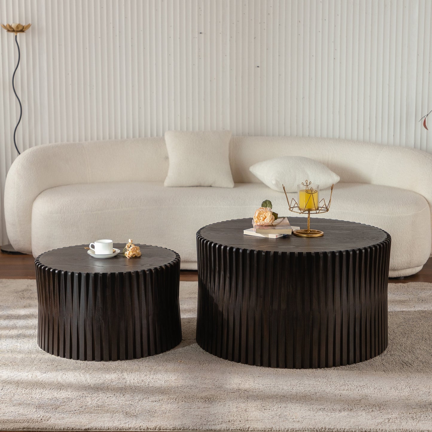 Vintage Fashion Style Cylindrical Nesting Coffee Table Set with Vertical Textured Embossed Design for Living Room, Office and Dining Room, Dark Brown (Set of 2)
