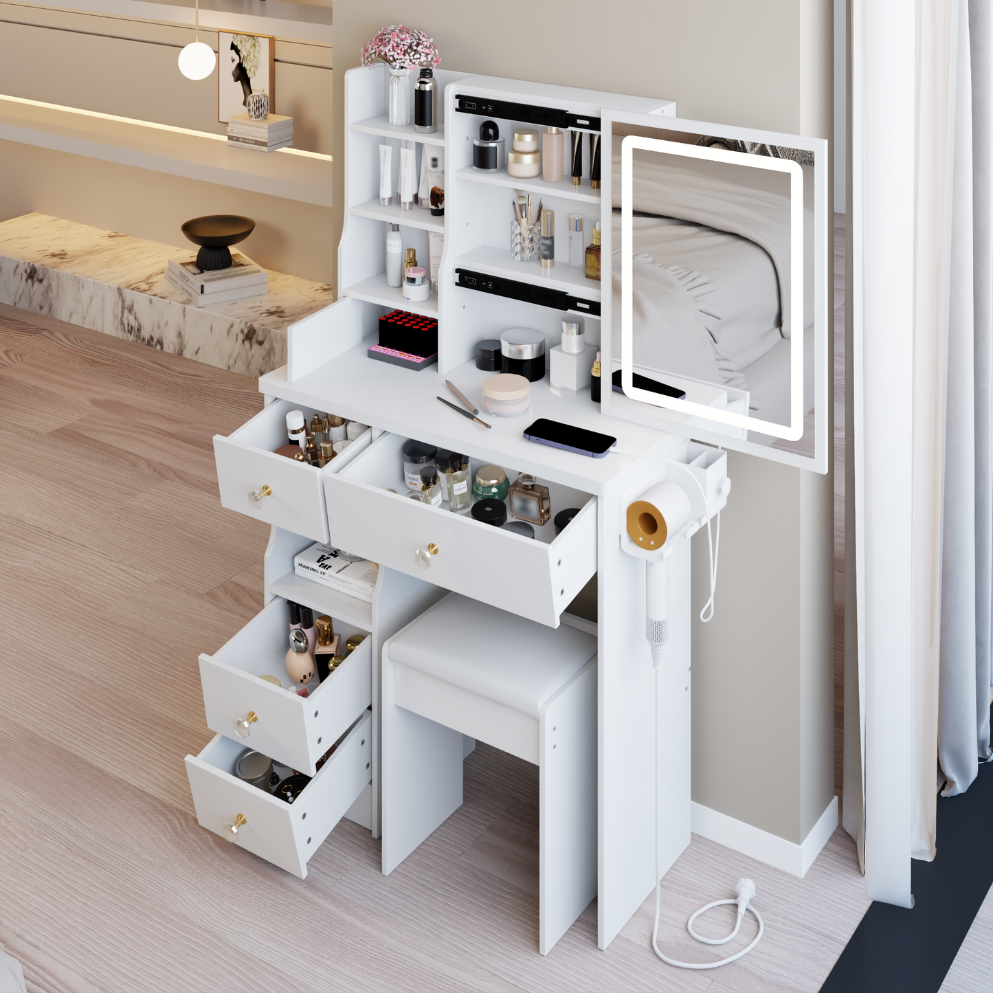 29.2' Small Size Left Drawer Desktop Vanity Table + Cushioned Stool, 2 AC+2 USB Power Station, Hair dryer bracket, Extra Large Touch Control Sliding LED Mirror, Tri-color Switching, Brightness Adjust
