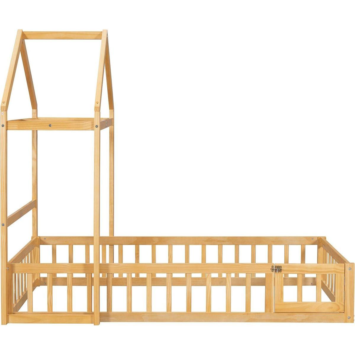 Wooden Floor Bed with Fence Railings and Detachable House Shape Headboard, Twin Size Bed with Kids Dress Up Rack, Kids Montessori Style Playhouse Frame for Girls Boys, Natural