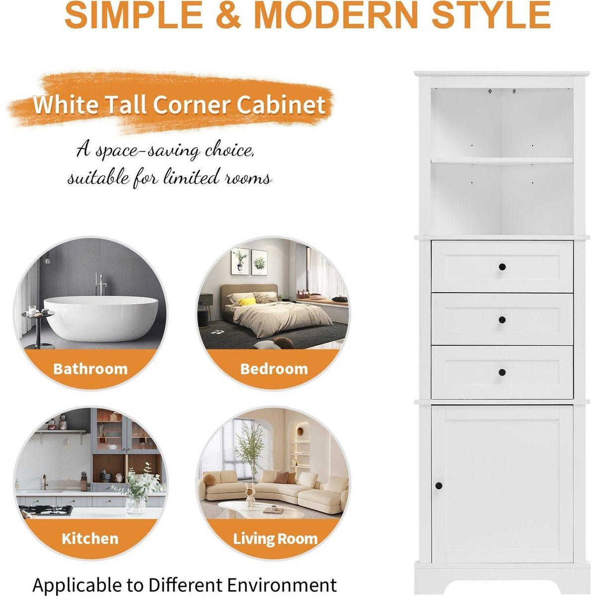 White Triangle Tall Cabinet with 3 Drawers and Adjustable Shelves for Bathroom, Kitchen or Living Room, MDF Board with Painted Finish