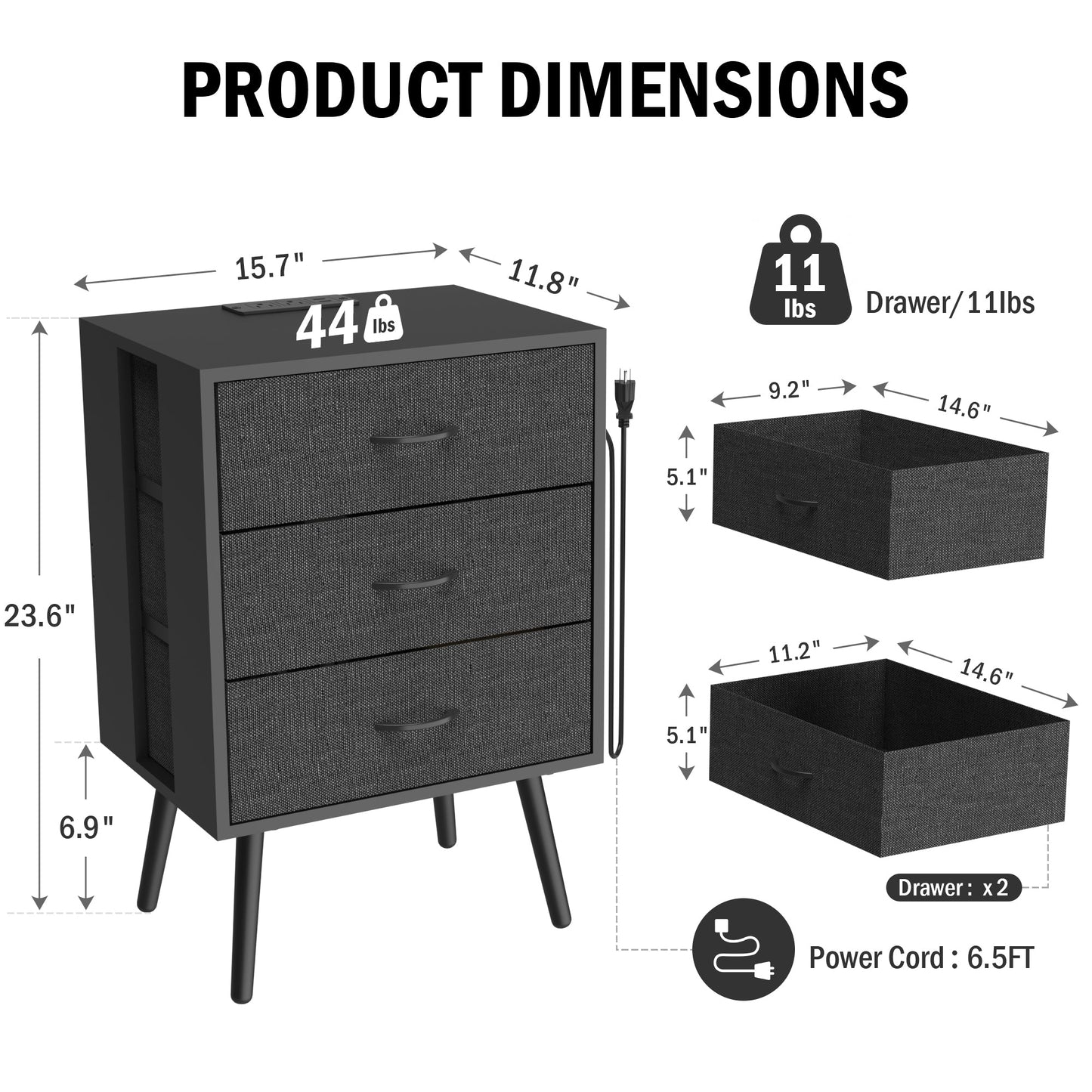 2 Pack Modern Nightstand with Charging Station, Bedside Tables with LED Light and Fabric Drawers